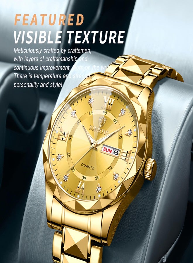 Gosasa Luxury Men's and Women's Business Diamond Stainless Steel Waterproof Roman Numeral Analog Quartz Watch with Day-Date Calendar, Gold and Silver Tone (All Gold, Men) - Image 2